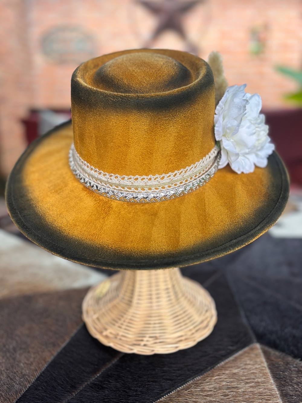 Women's Velvet Wide-Brim Hat with Lace Trim and Flower - Mustard